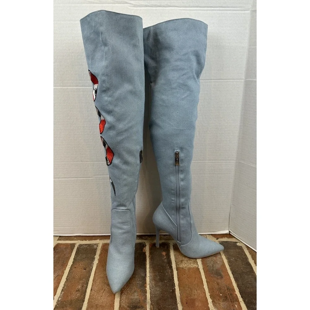 Cape Robbin Thigh High Boots Denim Edgy Snake Black Red Pointy Toe Size 5.5